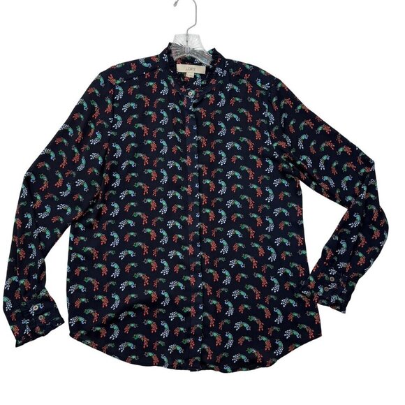 Loft Peacock Print Ruffle Neck Blouse Button Up Long Sleeve Navy Blue Size M - Picture 1 of 12